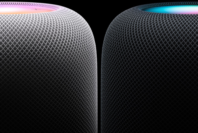 One White, and one Midnight HomePod pictured side-by-side