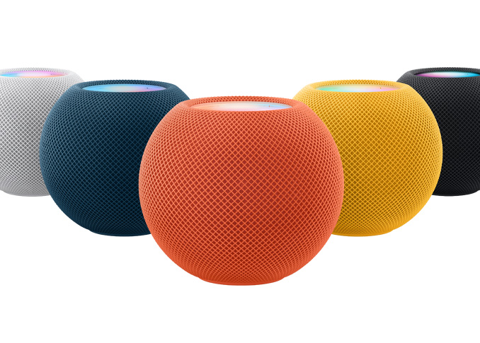 From left to right: one White, one Blue, one Orange, one Yellow and one Space Grey HomePod mini