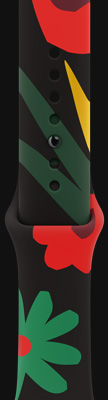 An image of a black colored watch band adorned with a variety of colorful flowers in red, yellow and green.