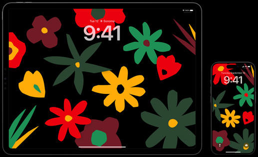 Une image d’un iPad et d’un iPhone affichant le fond d’écran floral Unity Bloom orné de différents motifs floraux colorés en rouge, jaune et vert.