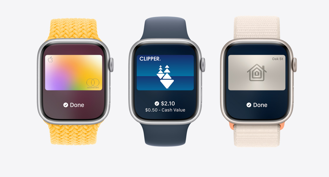 Three Apple Watch Series 9. The first shows Apple Card being used with Apple Pay. The second shows a transit card being used with the Wallet App. The third shows a home key being used through the Wallet app.