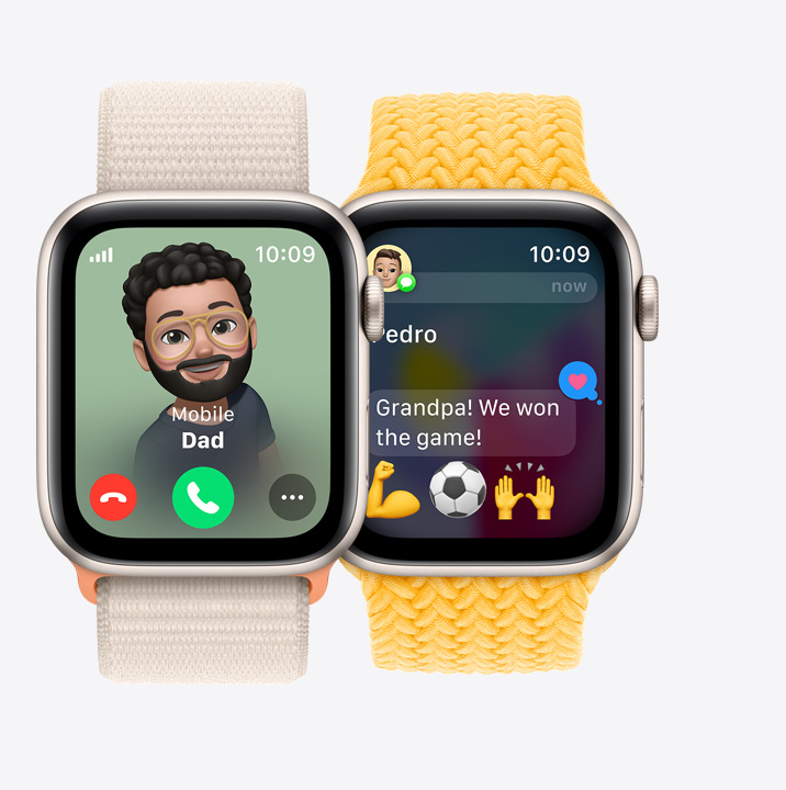 Two Apple Watch SE. The first shows an incoming call from Dad. The second shows a child texting "Grandpa! We won the game!"