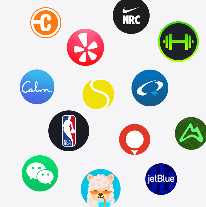 The icons of Apple Watch apps from the App Store. ChargePoint, Yelp, Nike Run Club, SmartGym, Calm, NBA, SwingVision, Oceanic+, WeChat, Waterllama, Golfshot, JetBlue, and AllTrails.