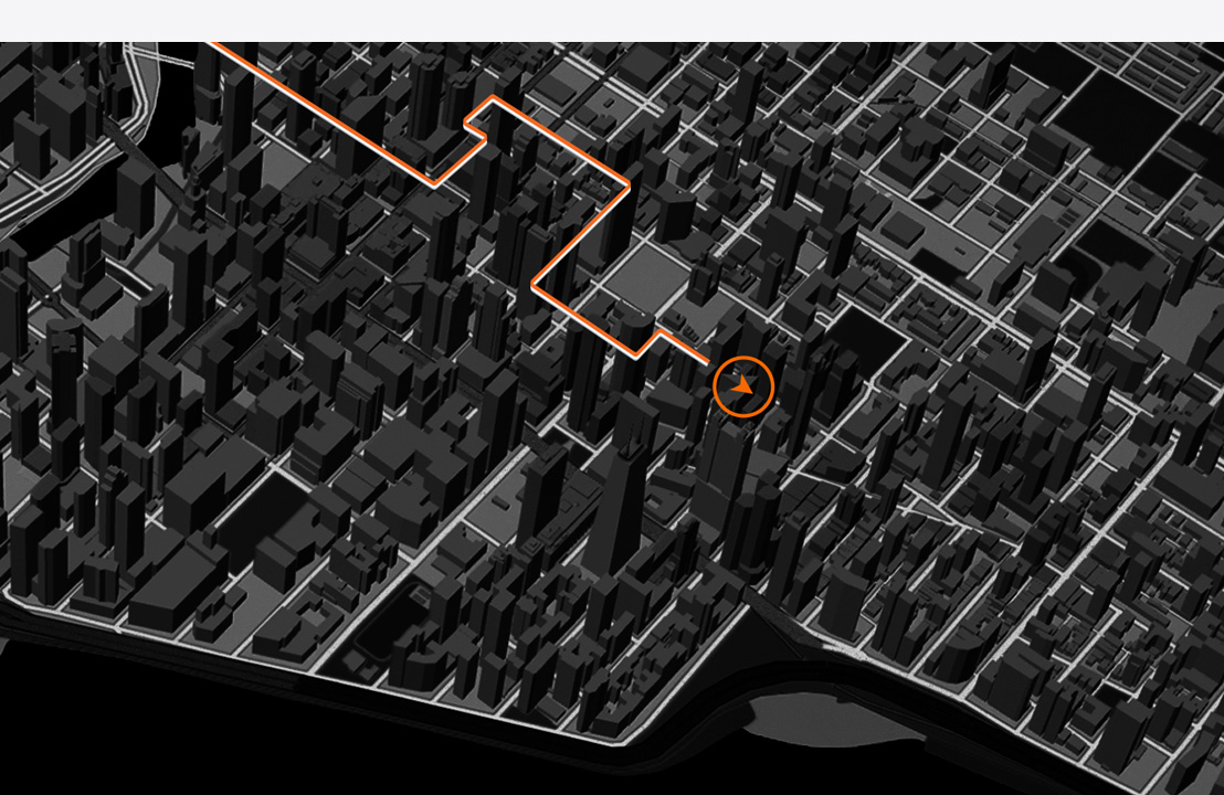 Šípka na konci trasy, ktorá na mape v 3D zobrazení ukazuje, že niekto beží cez mesto.