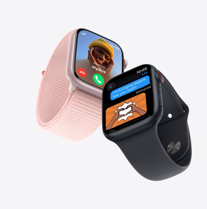 Dva modely Apple Watch Series 9. Prvý ukazuje prichádzajúci hovor. Druhý ukazuje konverzáciu v textovej správe.