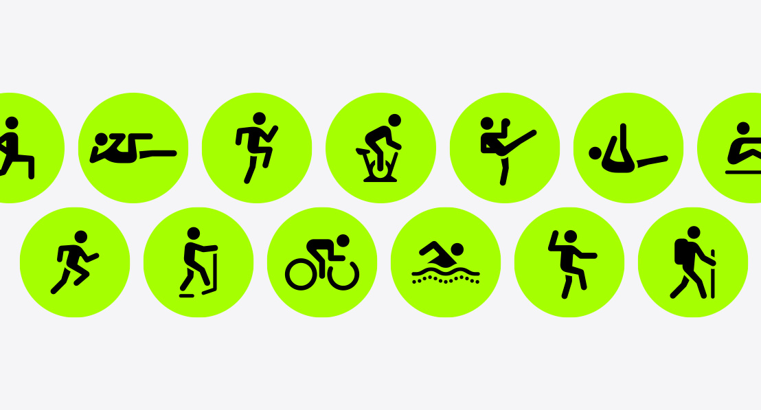 Иконите за тренировка за Functional Strength Training, Core Training, HIIT, Indoor Cycle, Kickboxing, Pilates, Rower, Run, Elliptical, Cycling, Swimming, Tai Chi, и Hiking.