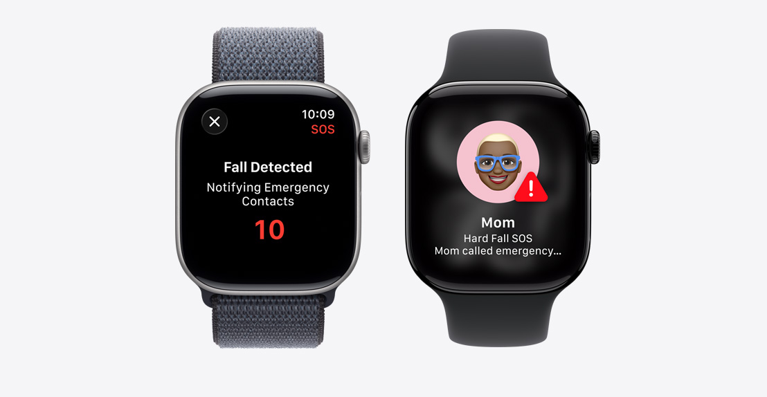 Apple Watch Series 11, hlásenie detekcie nehody, tlačidlo tiesňového volania, druhé hlásenie s textovým upozornením, že mama danej osoby spadla a privolala si záchranárov