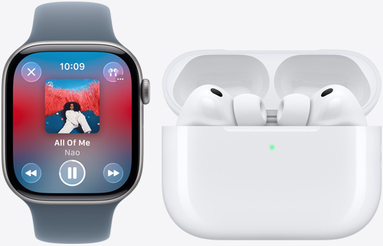 Apple Watch Series 11，螢幕顯示 Apple Music app 正在播放音樂；AirPods Pro 3，白色，耳筒配備矽膠耳塞和咪高風，置於打開的 MagSafe 充電盒中；充電盒採用圓角設計
