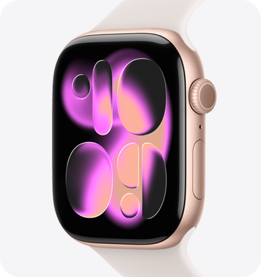 Apple Watch Series 11，玫瑰金色鋁金屬錶殼，配搭淡胭脂色運動錶帶，螢幕顯示 Responsive Art 錶面；右側外觀、數碼錶冠、咪高風和側邊按鈕
