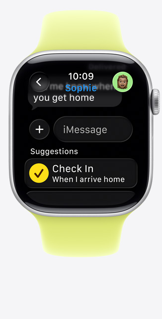 Apple Watch Series 11 ezüstsztínű alumíniumtokkal, Helyzetjelentési javaslat az iMessage-ben, neonsárga sportszíj