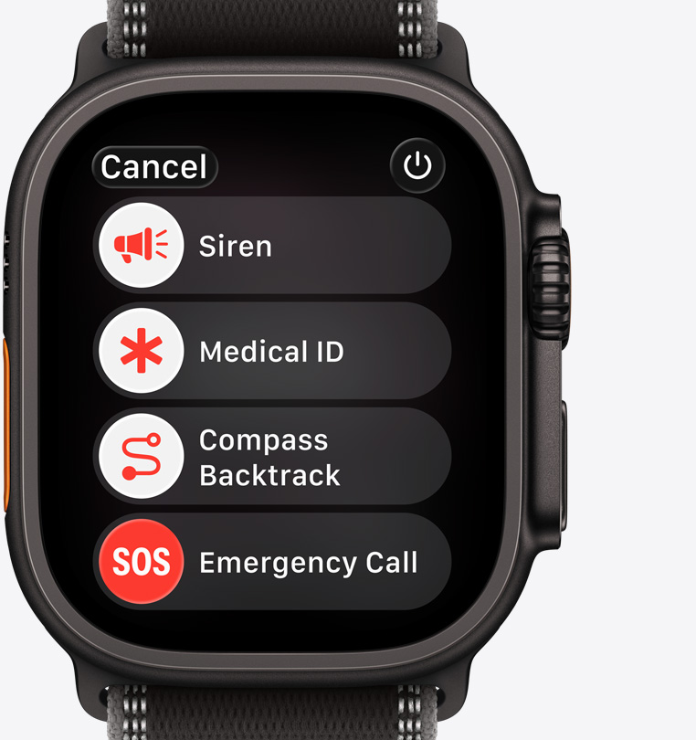 Apple Watch Ultra 3, titanium case, black color, emergency assistance options onscreen: siren, medical ID, compass backtrack, emergency call