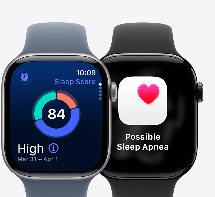 Tampilan depan dua Apple Watch Series 11 yang memperlihatkan layar Fase Tidur dan pemberitahuan Kemungkinan Apnea Tidur.