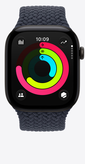 Apple Watch Series 12, aluminium case, black color, Activity rings: move, exercise, stand, Digital Crown, Braided Solo Loop band, navy blue color