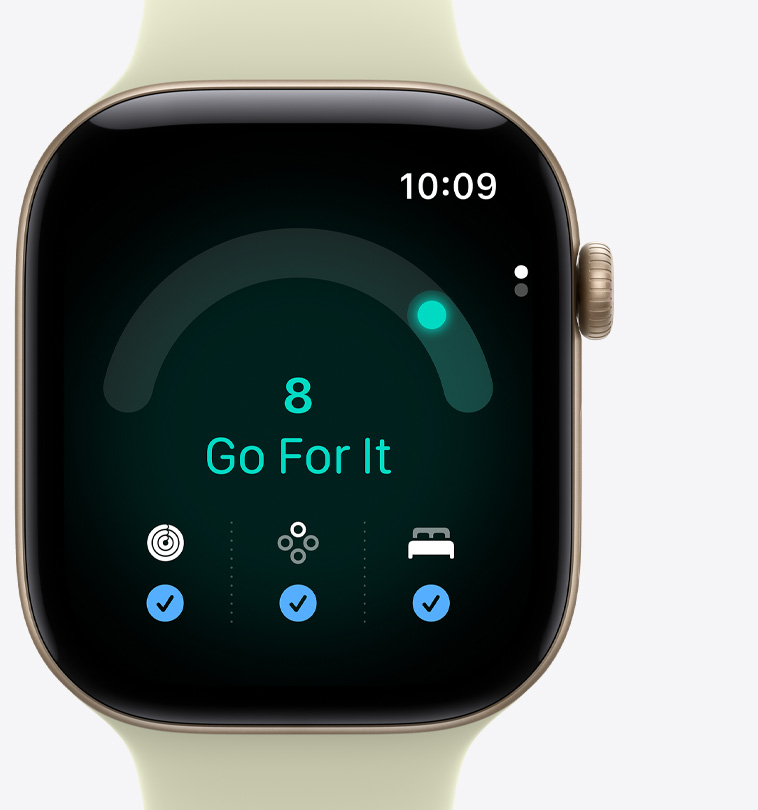 Apple Watch Series 12, aluminium case, light gold colour, Readiness app, readiness score at 8, message reads “go for it”, Activity rings, Vitals and sleep score metrics with blue ticks at bottom of screen