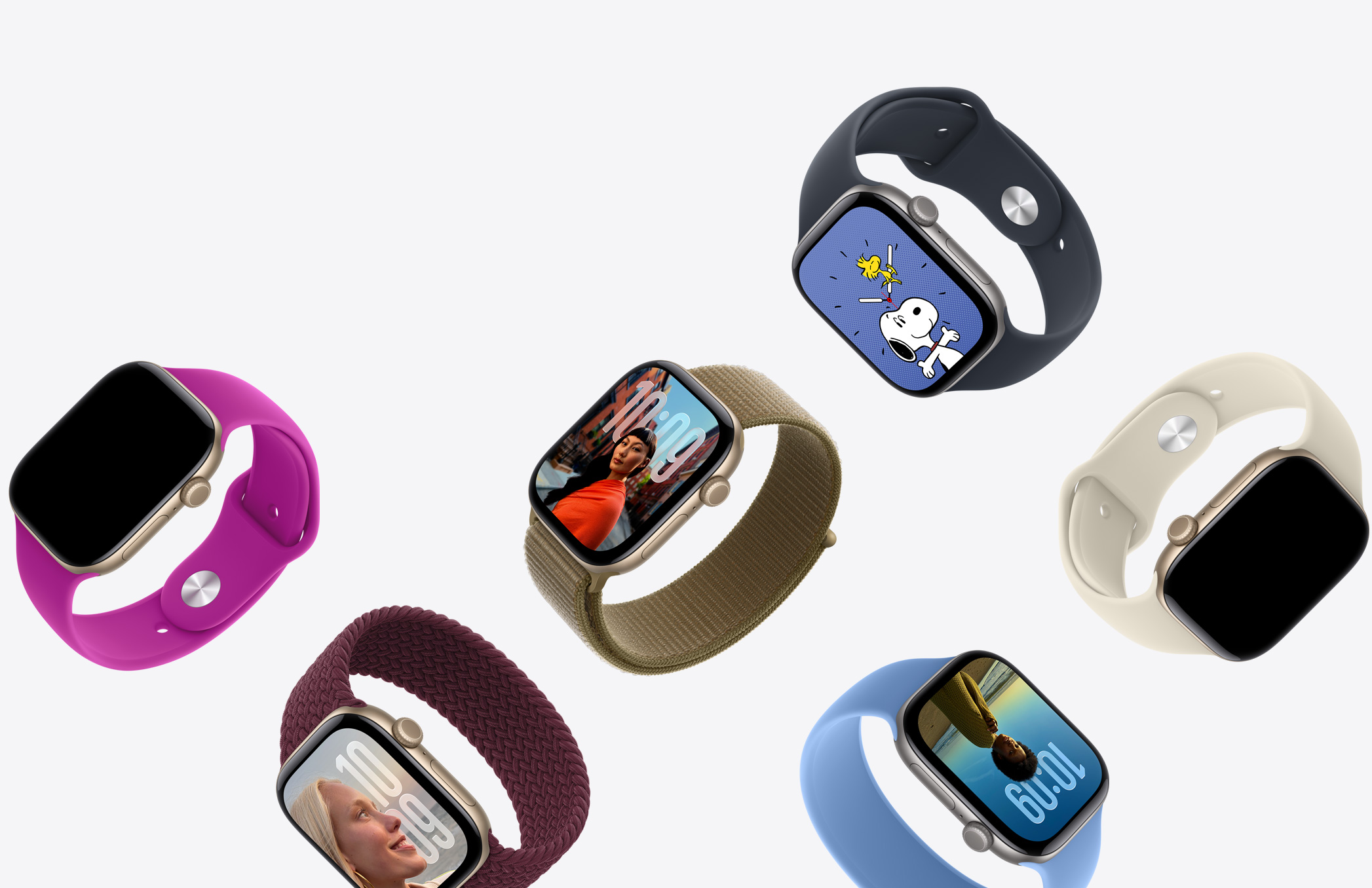 Apple Watch devices, various case materials, colors, and bands