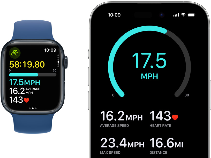 Um Apple Watch e um iPhone com as métricas de ciclismo em tempo real