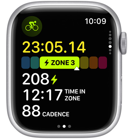Ciferník Apple se zobrazeným wattmetrem, součástí zobrazení výkonových zón při cvičení