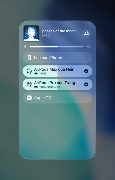 Màn hình AirPlay trên iPhone hiển thị cách dễ dàng chia sẻ âm thanh giữa hai bộ AirPods..