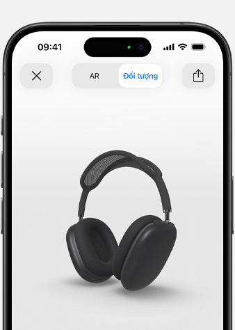 Ảnh hiển thị AirPods Max Màu Xám Không Gian trong màn hình chế độ hiển thị Thực Tế Ảo Tăng Cường trên iPhone.