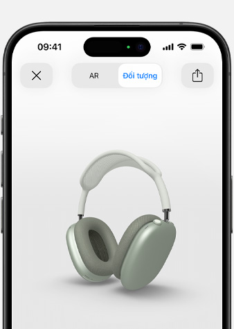 Ảnh hiển thị AirPods Max Màu Xanh Lá trong màn hình chế độ hiển thị Thực Tế Ảo Tăng Cường trên iPhone.