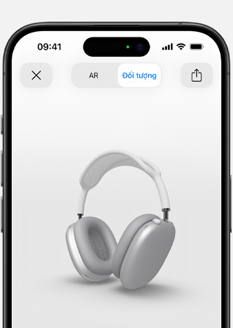 Ảnh hiển thị AirPods Max Màu Bạc trong màn hình chế độ hiển thị Thực Tế Ảo Tăng Cường trên iPhone.