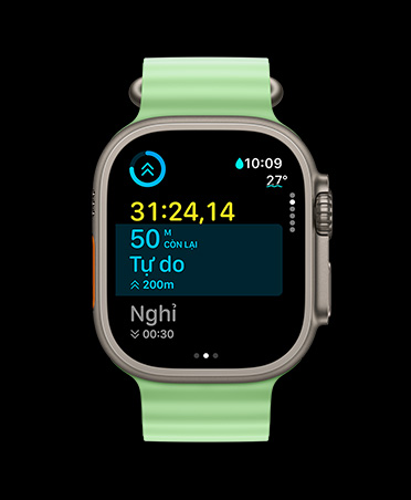 Apple Watch Ultra 3, natural color, titanium case, Workout app, custom workout card, Up Next view, neon green Ocean Band