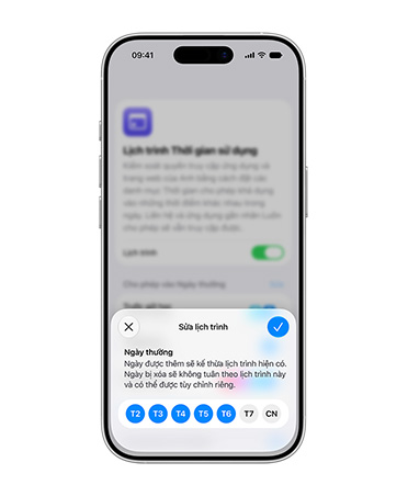 iPhone hiển thị giao diện lên lịch, nhắc người dùng chỉnh sửa hạn mứchàng ngày cho Tài Khoản Trẻ Em.