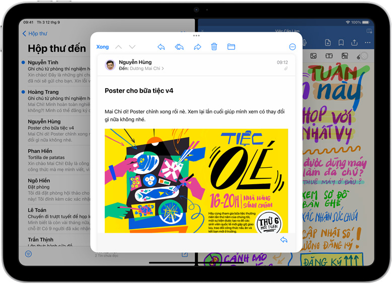Mail và GoodNotes được sử dụng cạnh nhau cùng lúc trên iPad