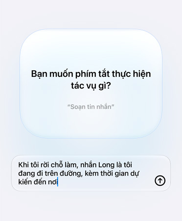 Screen displays Apple Intelligence query and response from user about Shortcut intention, What do you want your shortcut to do?, reply, When I'm leaving work message Pedro I'm on my way with my ETA.