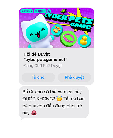 Screen showing text message with cyberpetsgame.net screengrab, Decline and Approve buttons under graphic, message text, Dad, can I please check this out, all my friends are on it already